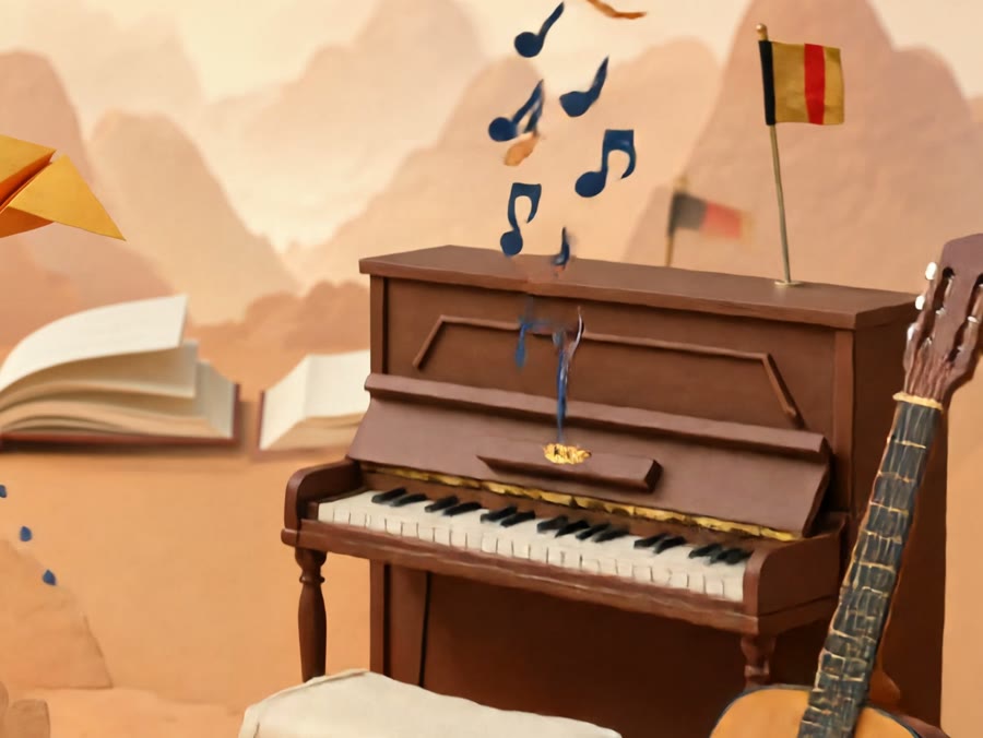 Een piano met muzieknoten